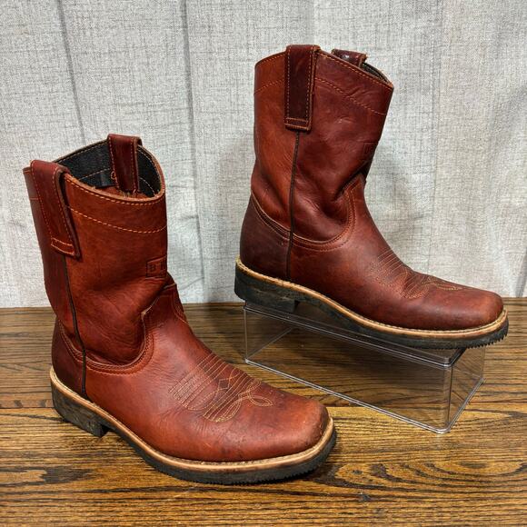 D’Rogeri Men’s 7.5 Brown Leather Square Toe Pull-On Western Work Boots Mexico - Picture 1 of 8